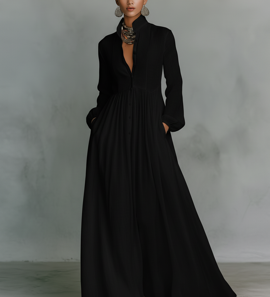 Patchwork Canvas Maxi Dress with Stand Collar