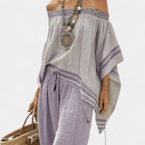 Striped bamboo top with off-the-shoulder design and wide-leg pants for an elegant and fresh style