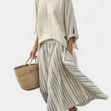 Casual Daisy szett oversize pólóval és midi szoknyával, leni bambusz szalagokkal, elegáns és kényelmes stílushoz