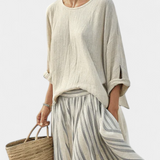 Casual Daisy szett oversize pólóval és midi szoknyával, leni bambusz szalagokkal, elegáns és kényelmes stílushoz