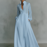 Patchwork Canvas Maxi Dress with Stand Collar