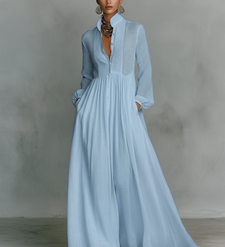 Patchwork Canvas Maxi Dress with Stand Collar