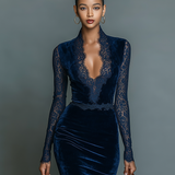 V-Neck Lace Velvet Midi Dress