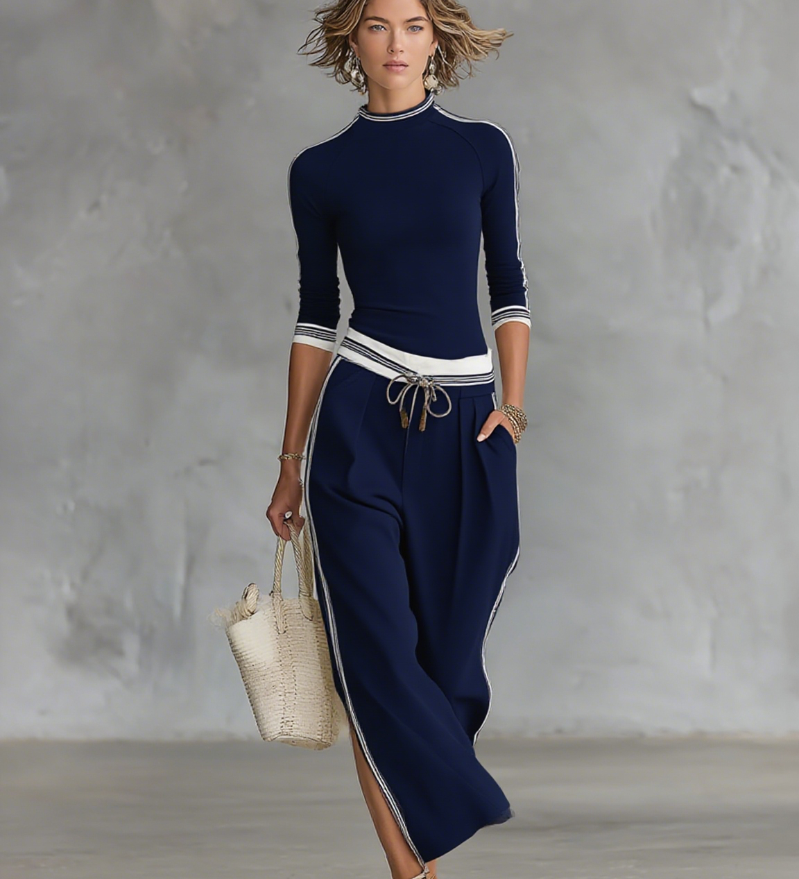 Sporty Set with Wide Leg Trousers and Tie