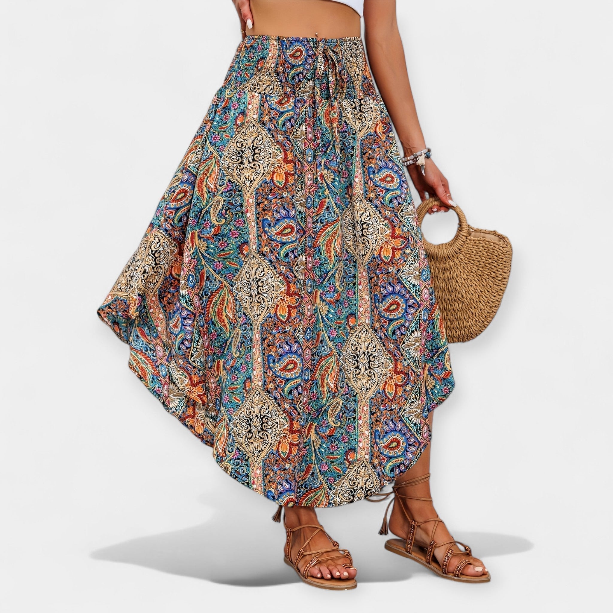 Colourful high-waisted midi skirt
