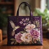 Kézműves steppelt táska lila kolibrikkel és orchideákkal