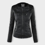 Modern leather jacket with hood and timeless design