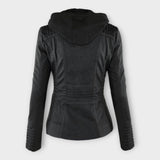 Modern leather jacket with hood and timeless design