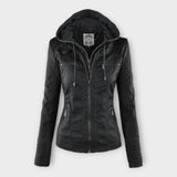 Modern leather jacket with hood and timeless design
