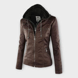 Modern leather jacket with hood and timeless design