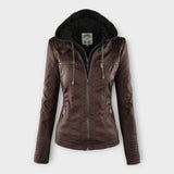Modern leather jacket with hood and timeless design