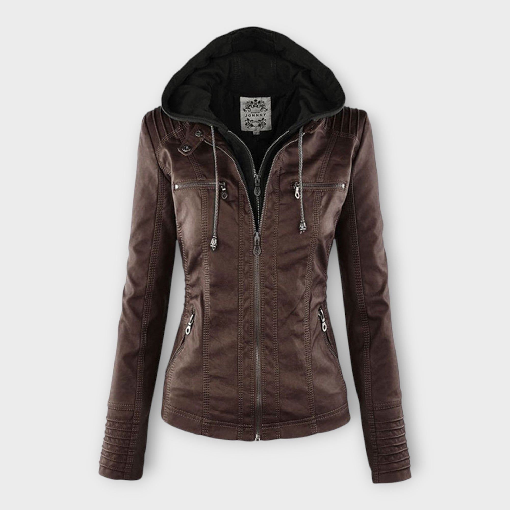 Modern leather jacket with hood and timeless design