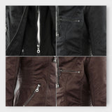 Modern leather jacket with hood and timeless design