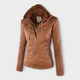 Modern leather jacket with hood and timeless design