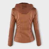 Modern leather jacket with hood and timeless design