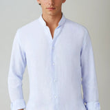 Light blue linen shirt with a stand-up collar