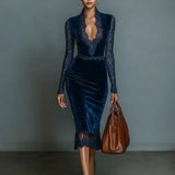 V-Neck Lace Velvet Midi Dress