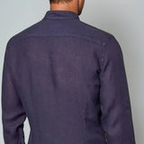 Navy blue linen shirt with a stand-up collar