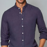 Navy blue linen shirt with a stand-up collar