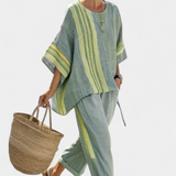 Linen-bamboo set with charming lavender and yellow stripes