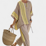 Linen-bamboo set with charming lavender and yellow stripes