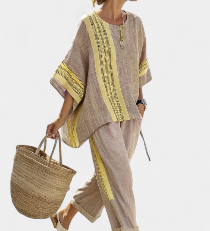 Linen-bamboo set with charming lavender and yellow stripes