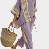 Linen-bamboo set with charming lavender and yellow stripes