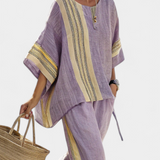Linen-bamboo set with charming lavender and yellow stripes
