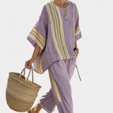 Linen-bamboo set with charming lavender and yellow stripes