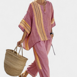 Linen-bamboo set with charming lavender and yellow stripes