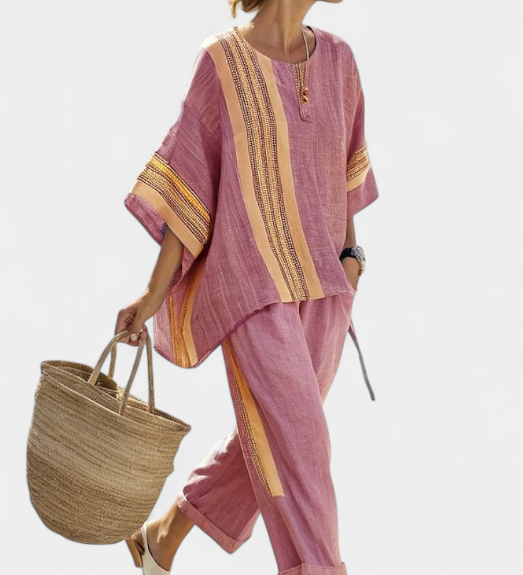 Linen-bamboo set with charming lavender and yellow stripes