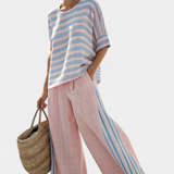 Bamboo Linen Set Daisy Mediterranean, with delicate pink and elegant blue stripes