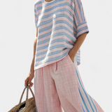 Bamboo Linen Set Daisy Mediterranean, with delicate pink and elegant blue stripes