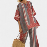 Large Daisy Combination Dress in Linen with Red Coral and Grey Stripes, Modern and Comfortable Style