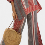 Large Daisy Combination Dress in Linen with Red Coral and Grey Stripes, Modern and Comfortable Style