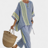 Linen-bamboo set with charming lavender and yellow stripes