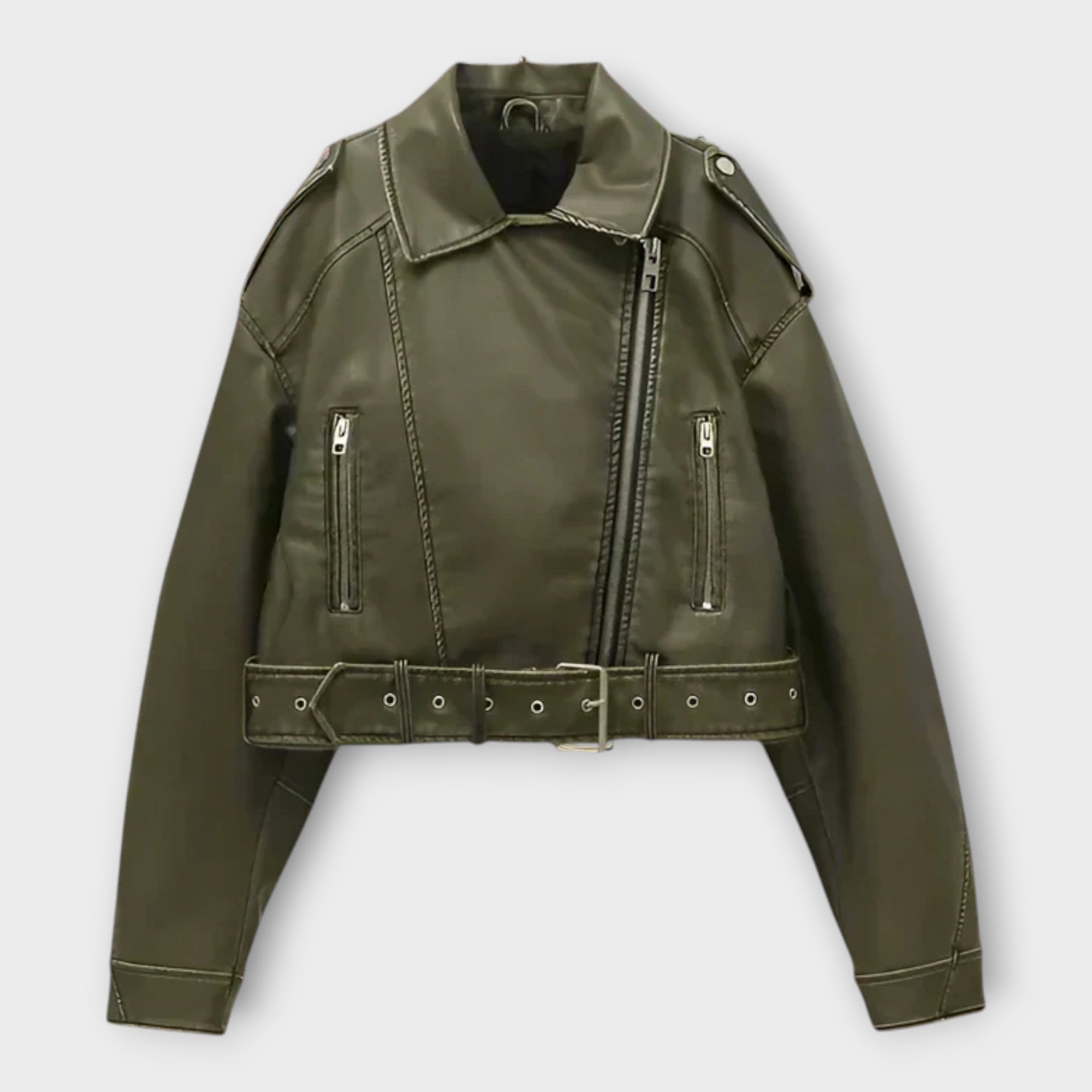 Modern Short Leather Jacket with Belt and Subtle Aesthetics