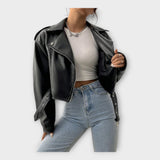 Short leather jacket with a belt