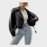 Short leather jacket with a belt