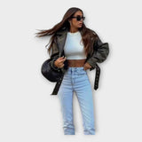 Modern Short Leather Jacket with Belt and Subtle Aesthetics
