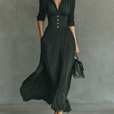 Elvira | Long pleated dress with lapels and a high waist