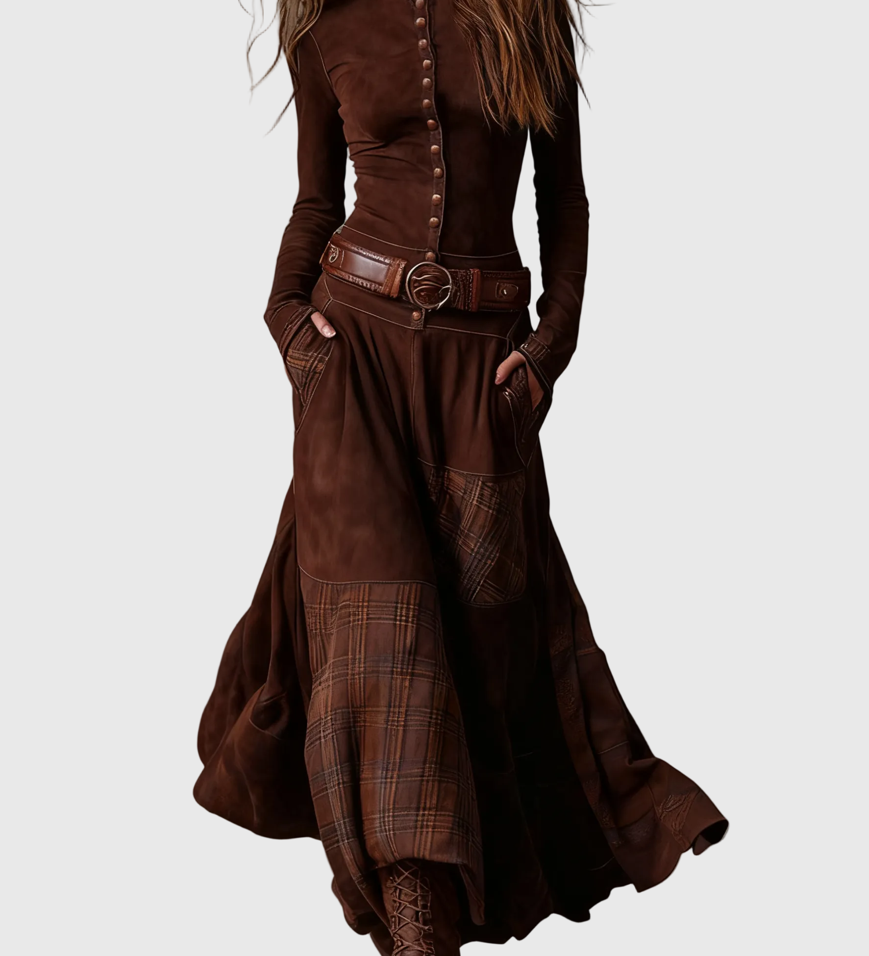 Azucena - Maxi dress with belt, made of eco-suede