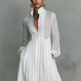 Patchwork Canvas Maxi Dress with Stand Collar