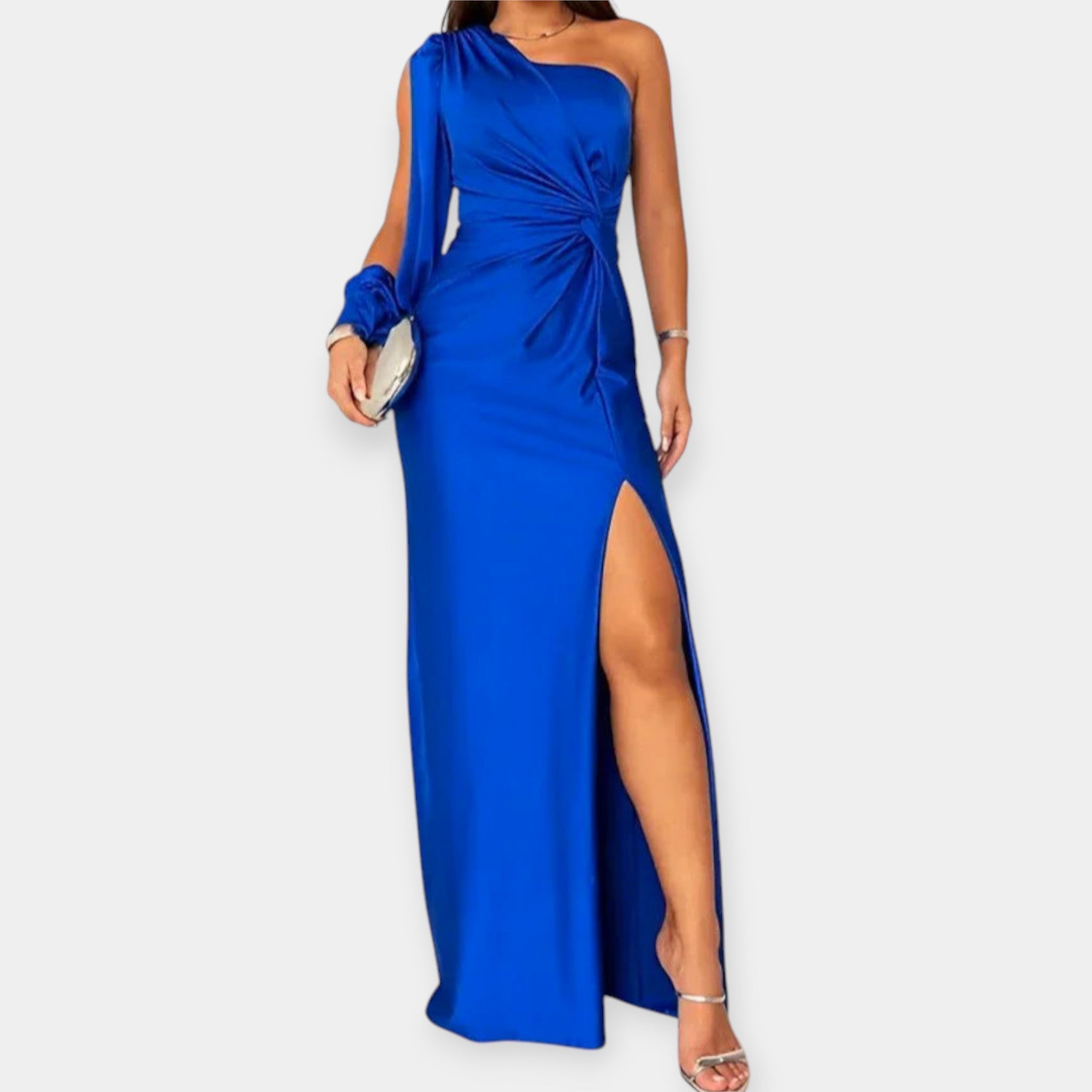 Maxi dress with asymmetrical shoulder strap and flared skirt