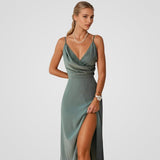 Long silk dress with side slit and thin straps
