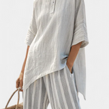Daisy Set with Asymmetrical T-Shirt and Striped Trousers for a Modern and Elegant Style